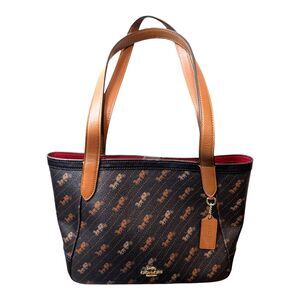 Coach Brown and Tan Signature Horse Tote with Red Interior